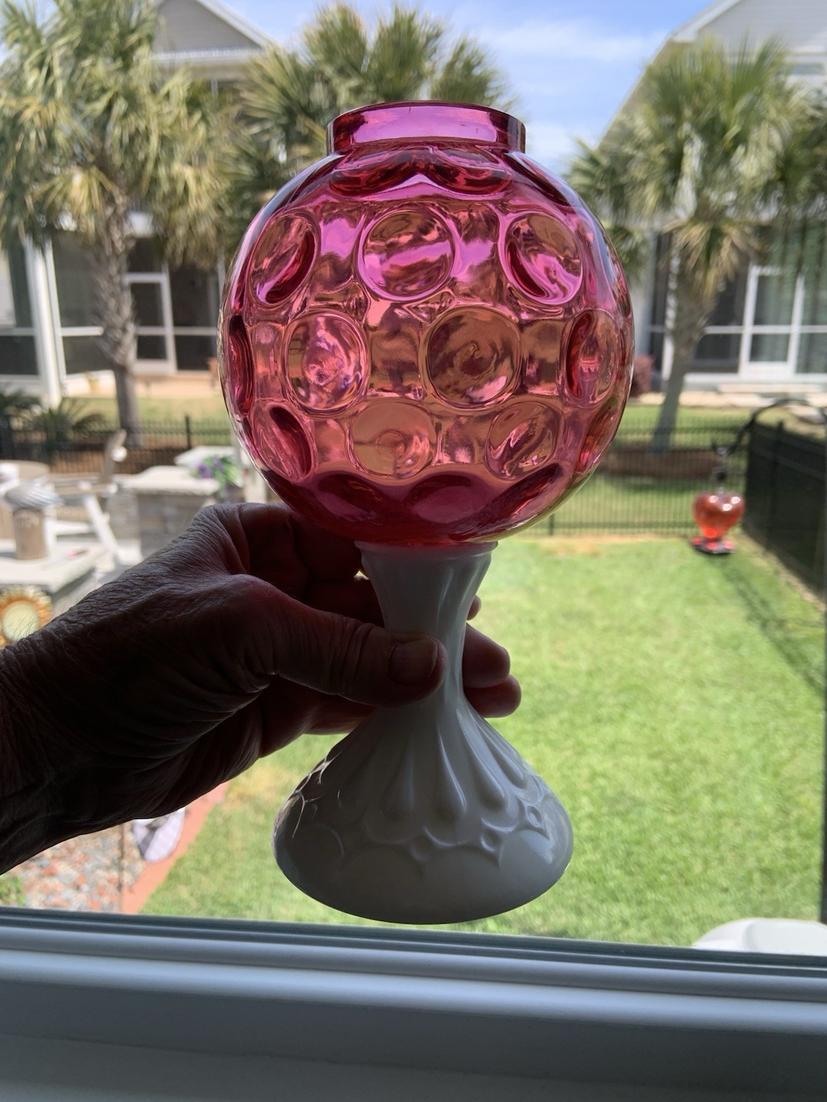 VINTAGE FENTON CRANBERRY INVERTED COIN DOT OPTIC IVY BOWL VASE – MINT CONDITION