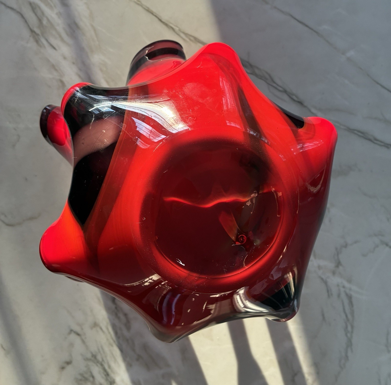 Large 14.5” Krosno Jozefina Red Black Art Glass Vase –Polish Sculptural Freeform
