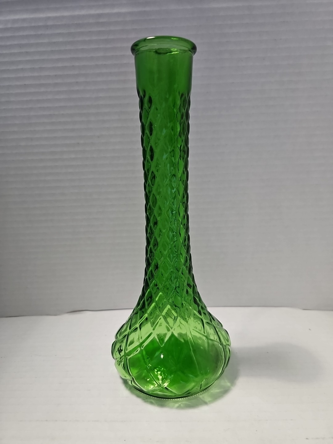 Vintage Hoosier #4092 Green Glass with Diamond Pattern 9 inch tall Bud Vase