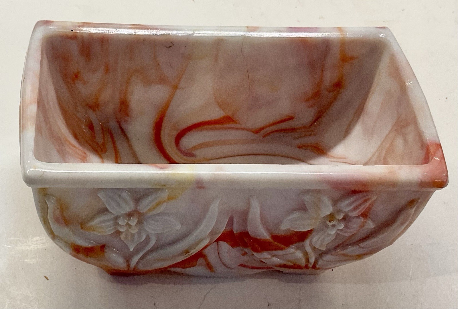 Vintage 1930’s Akro Agate Daffodil Orange White Slag Glass Planter #657