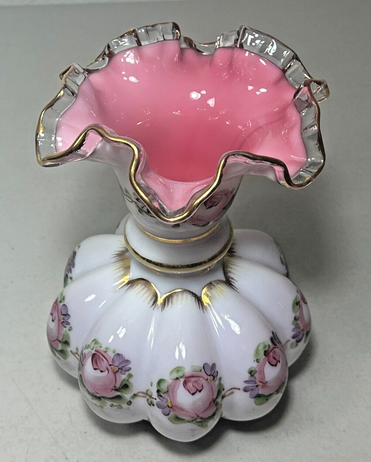 Fenton Charleton Peach Crest Melon Vase 8.5″ Hand Painted Roses Vintage