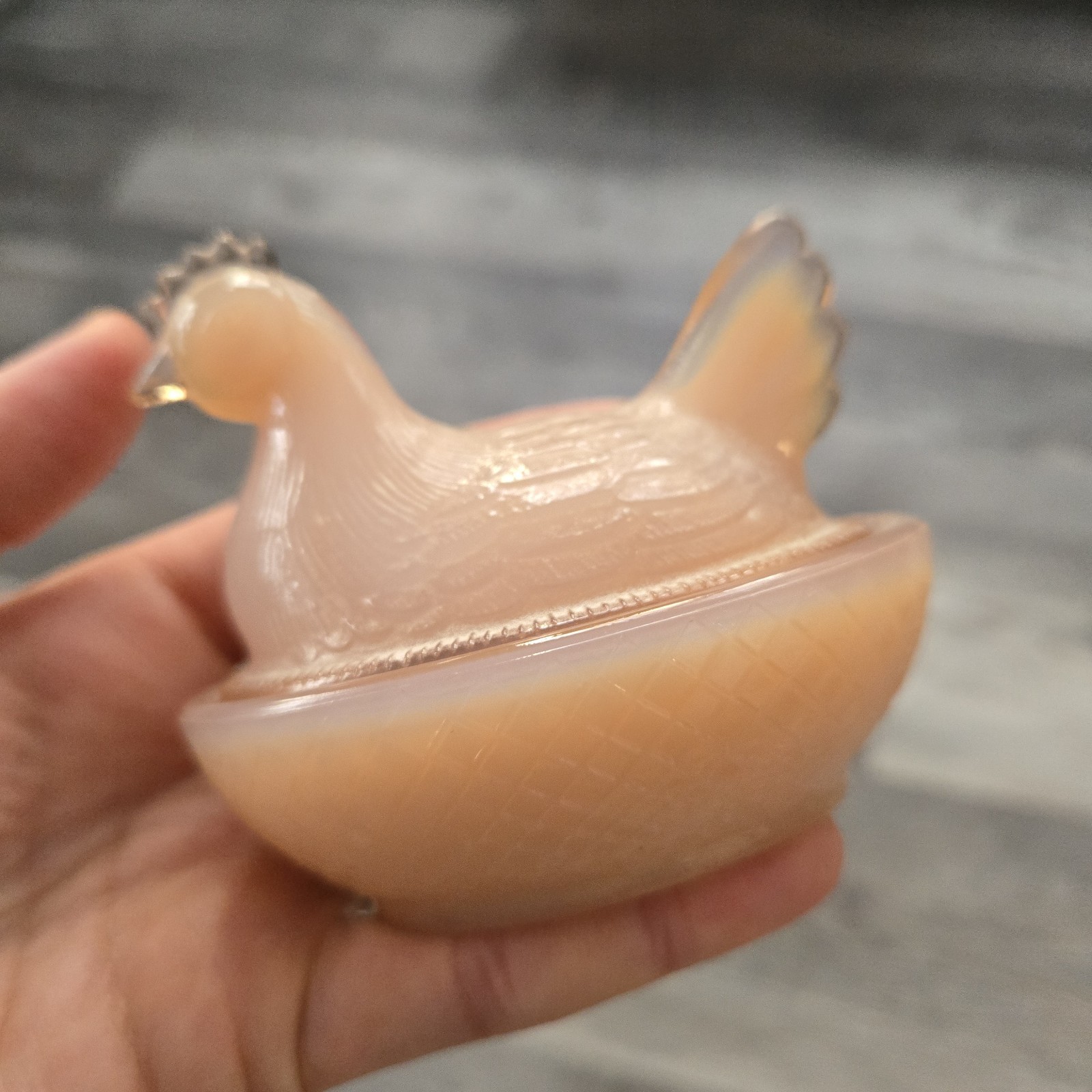 Vintage Degenhart Opal Pink Hen On Nest Chicken Glass Trinket Dish Retro