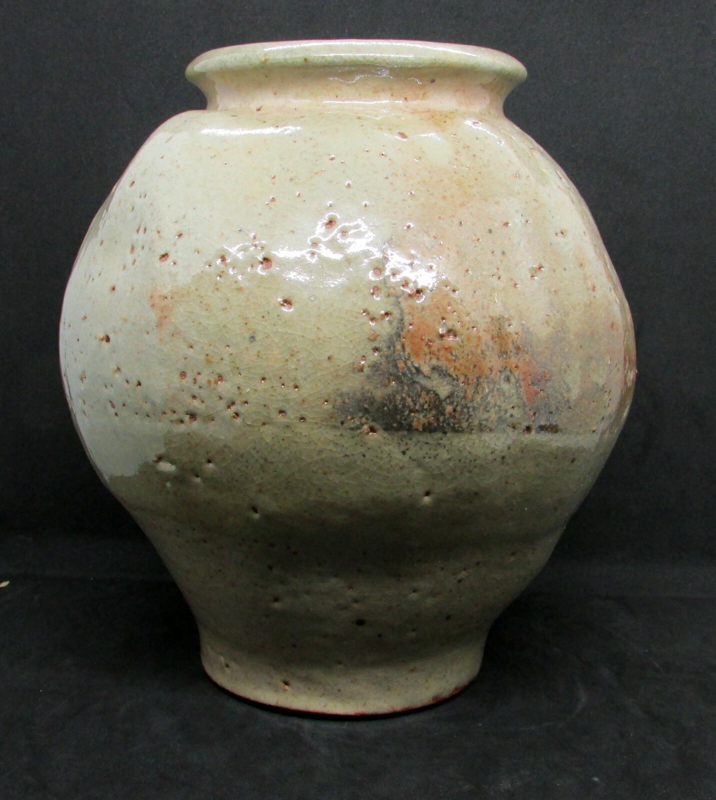 Large Irregular Organic Crock-Like Rotund Vase w/ Beige High Gloss Glaze