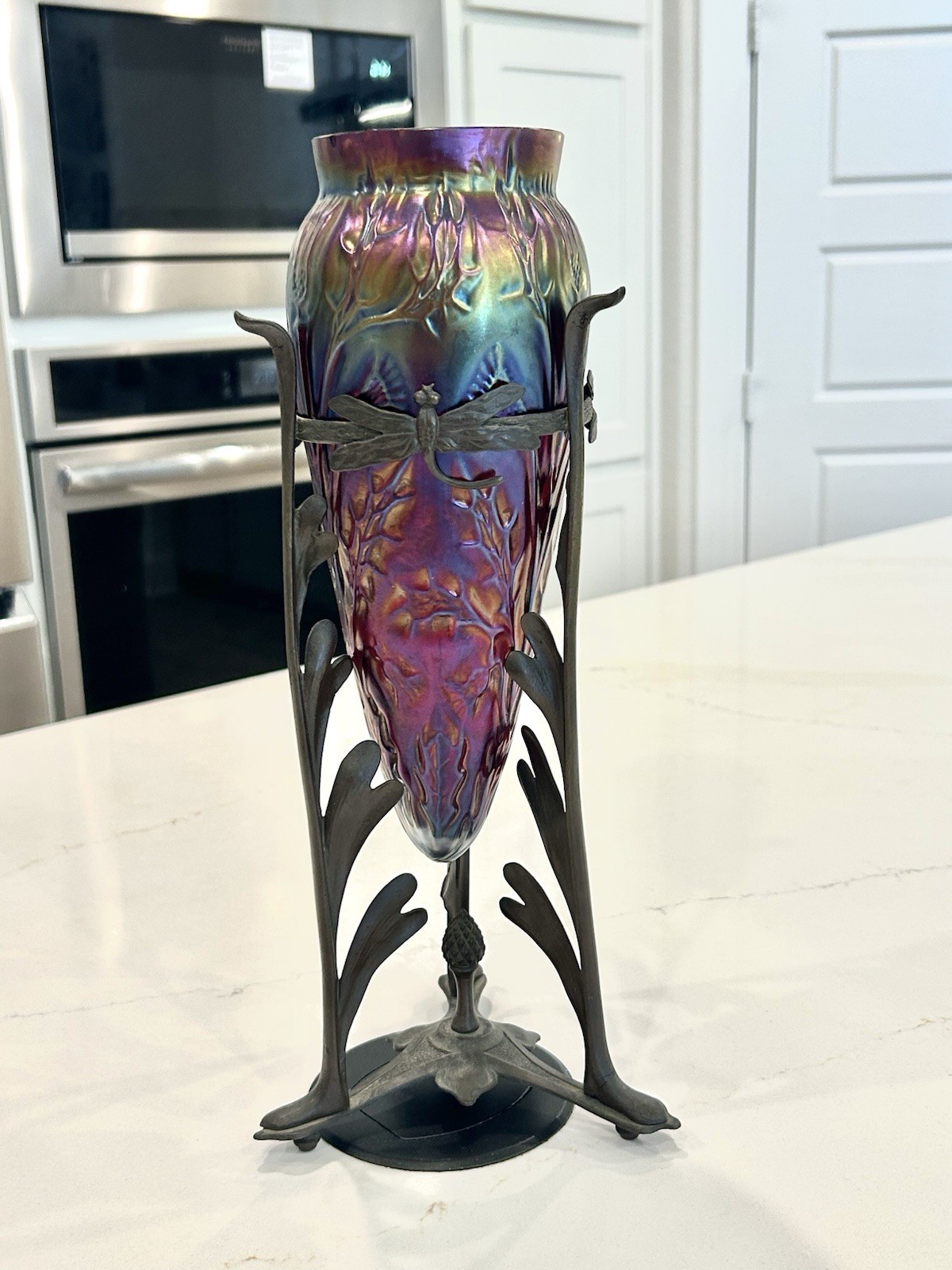 Loetz Iridescent Glass Red Thistle Dragonfly Bronze Mount Tear Drop Vase