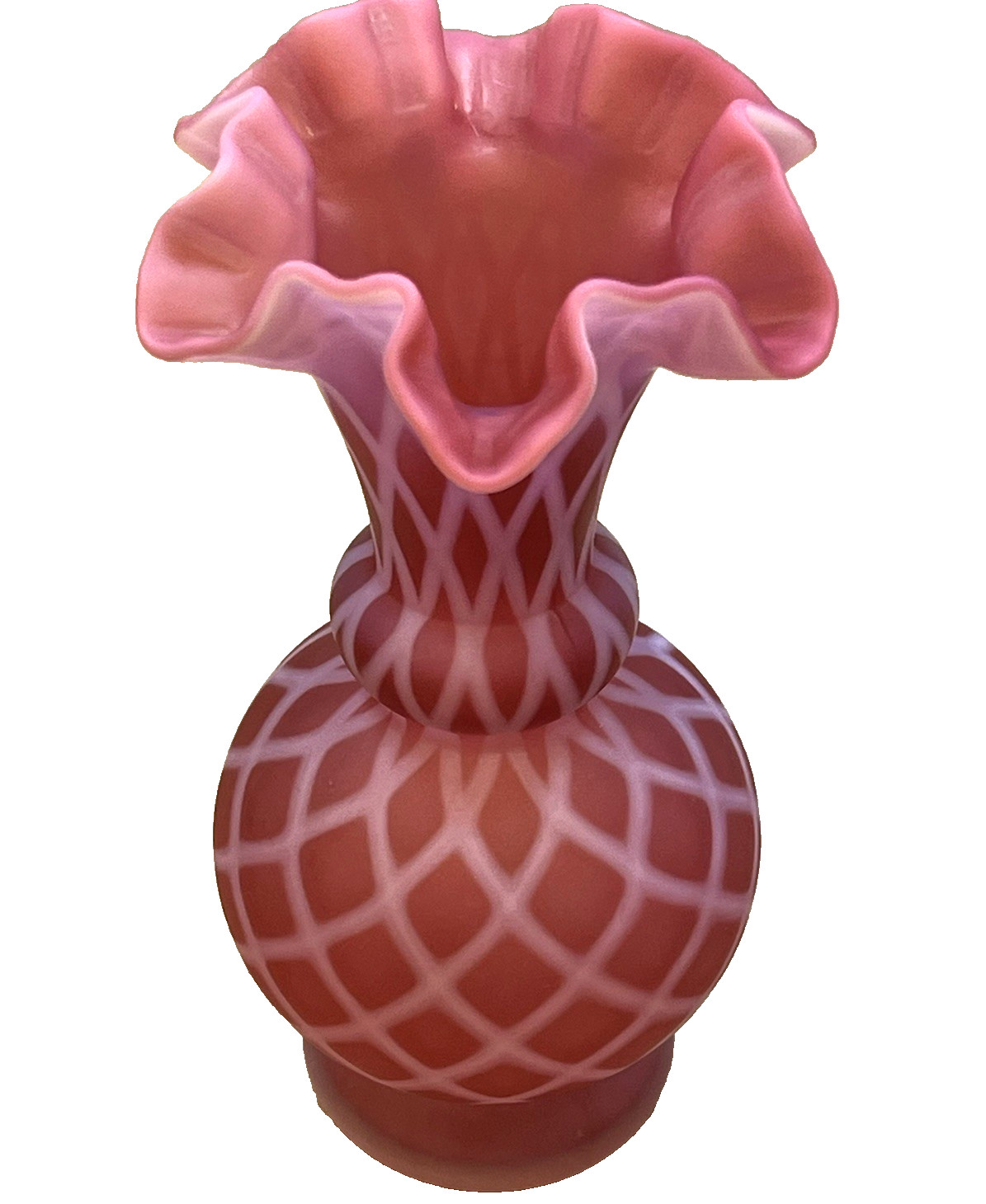 Vintage Fenton Cranberry Opalescent Satin Glass Vase Diamond Optic Ruffle