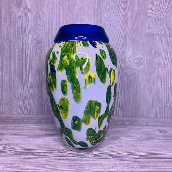 Art Glass Vase Blown Glass White Green Yellow With Rolled Rim decoration vase