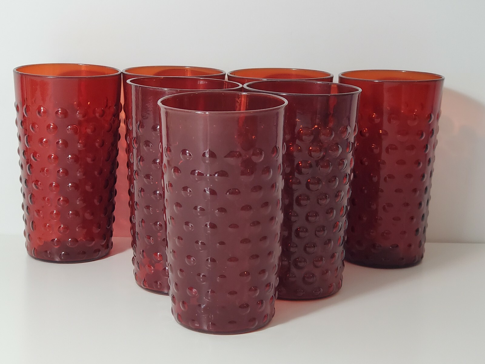 Ruby Red Bubble Glass Hobnail Juice Glass 4.75 inches tall Set of 7