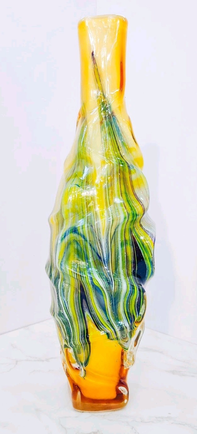Murano Style Hand Blown Art Glass Vase Sculptural Yellow Free Form 15.5”