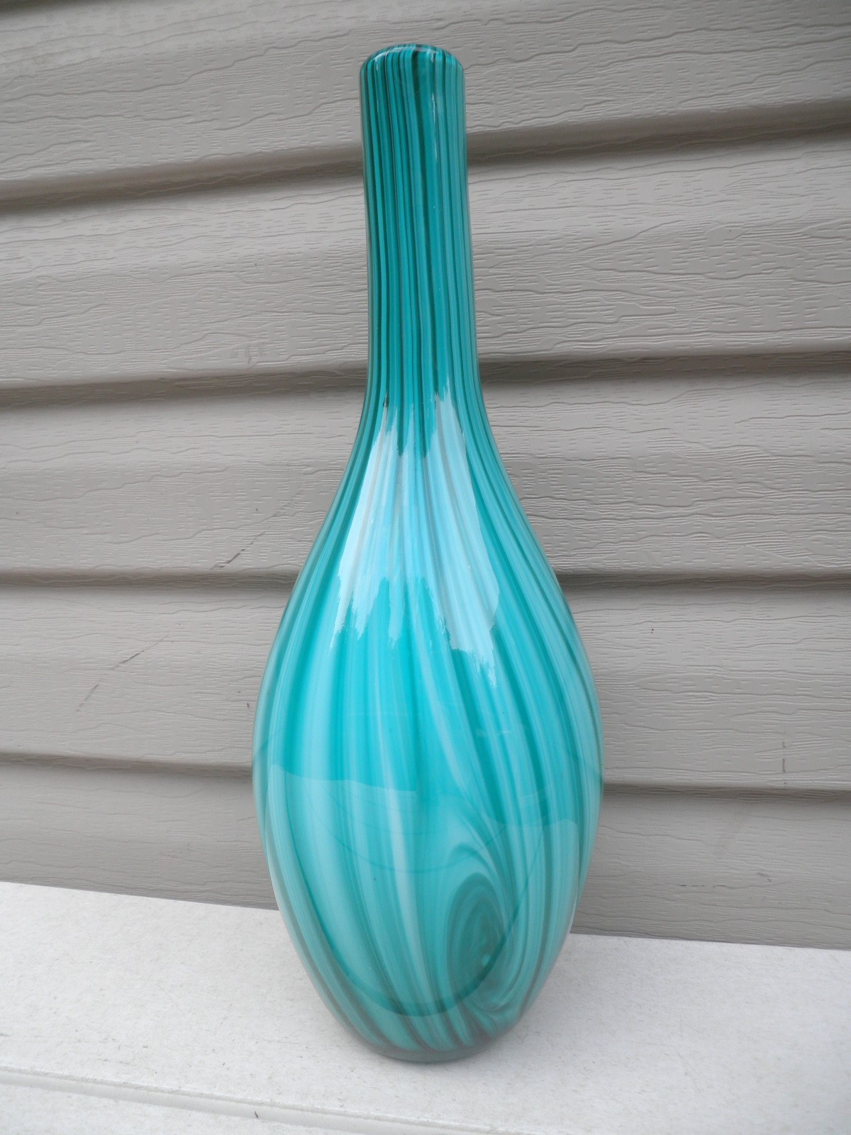 Vintage 16″ Tall Teal Blue & Green Swirled Art Glass Vase– Excellent Condition