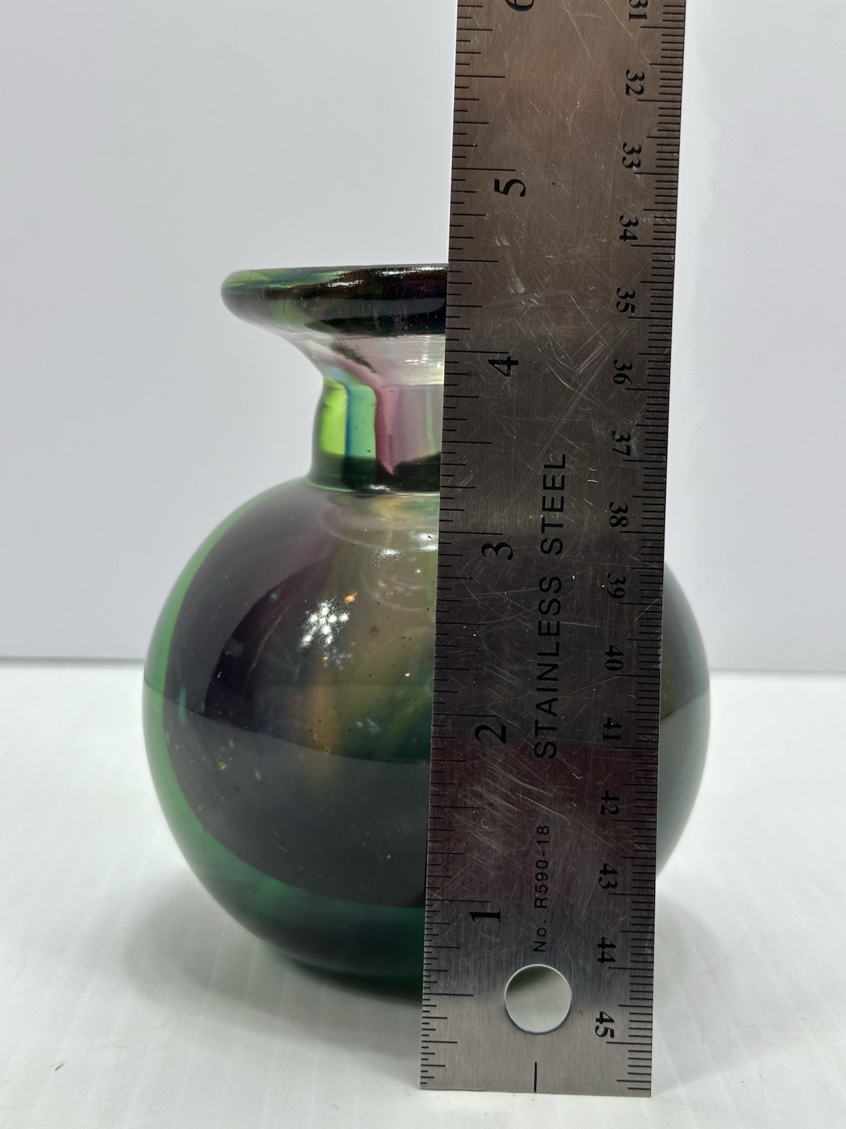 Heavy Ball Art Glass Bud Vase Green Outside Purple Inside 4.5 Inches Tall