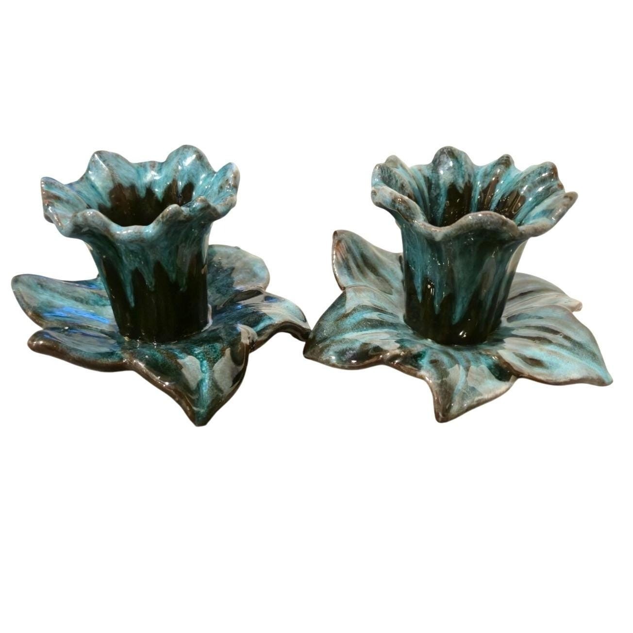 Vintage Pottery Candlestick Holders Daffodil Black turquoise Drip Glaze set of 2