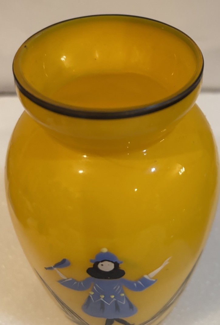 CZECH Art Deco Jester Bohemian VASE UV GLOW Hand Painted GLASS 1910-30s Yellow