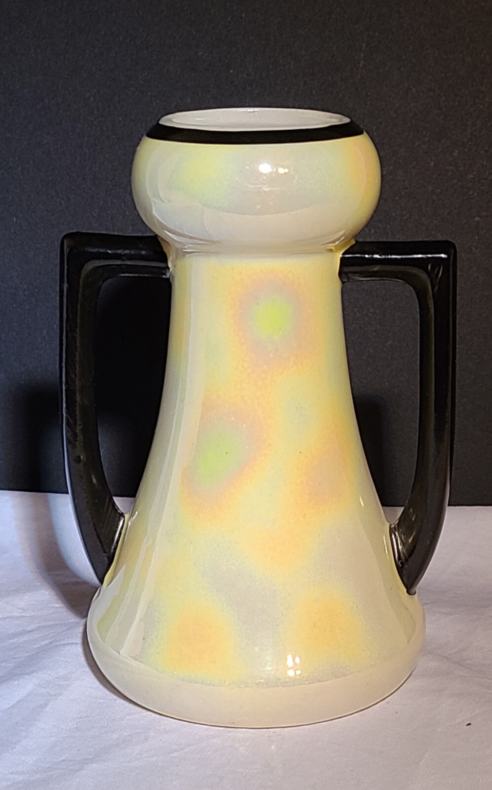 Vintage Iridescent Ceramic Vase Yellow Black Rim With Handles Czech