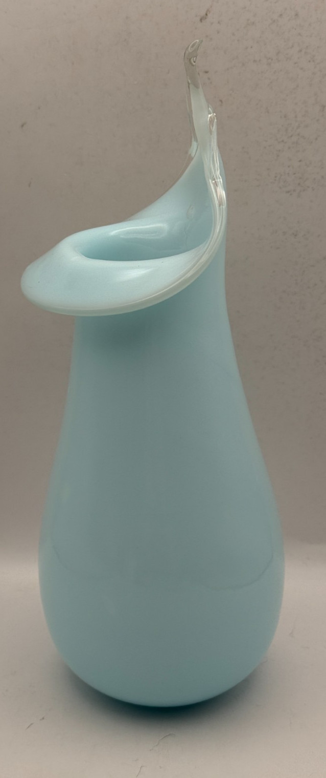 Vintage Murano Style Hand Blown Powder Blue Jack In the Pulpit Vase – 9.25″ MCM