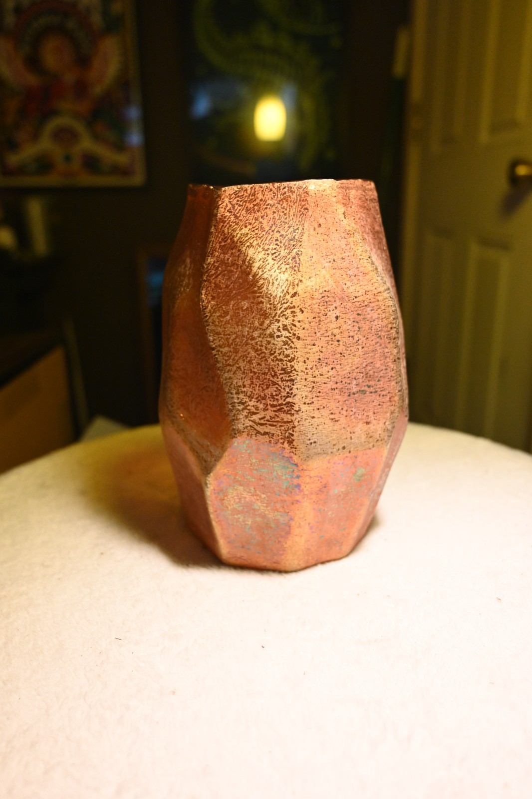 Vintage Hand Blown Iridescent Copper Art Glass Vase Faceted Studio Glass