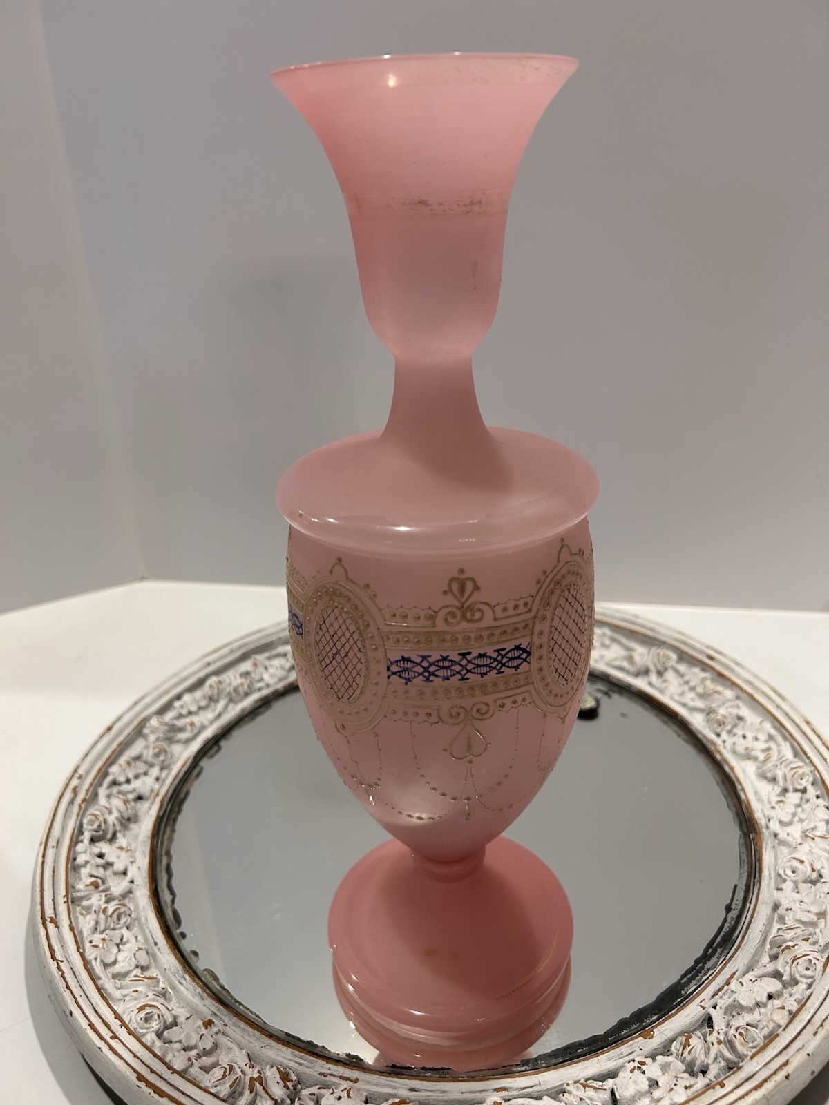 Antique Opaline Pink Glass Vase Satin Victorian French 13” Gold Gilt Enamel