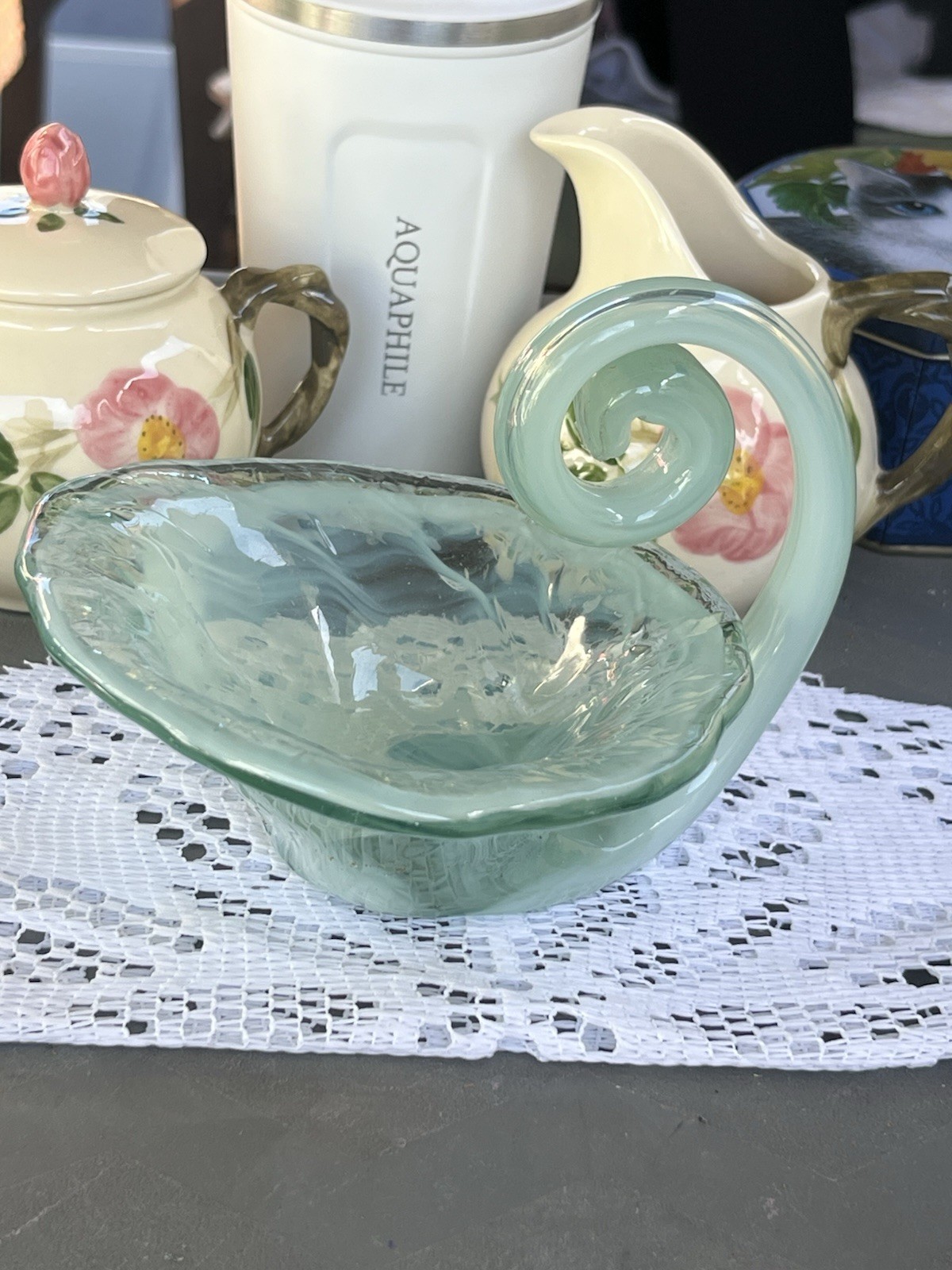 Light Green Hand Blown Milk Glass Cornucopia Basket Curved Shape Decorative