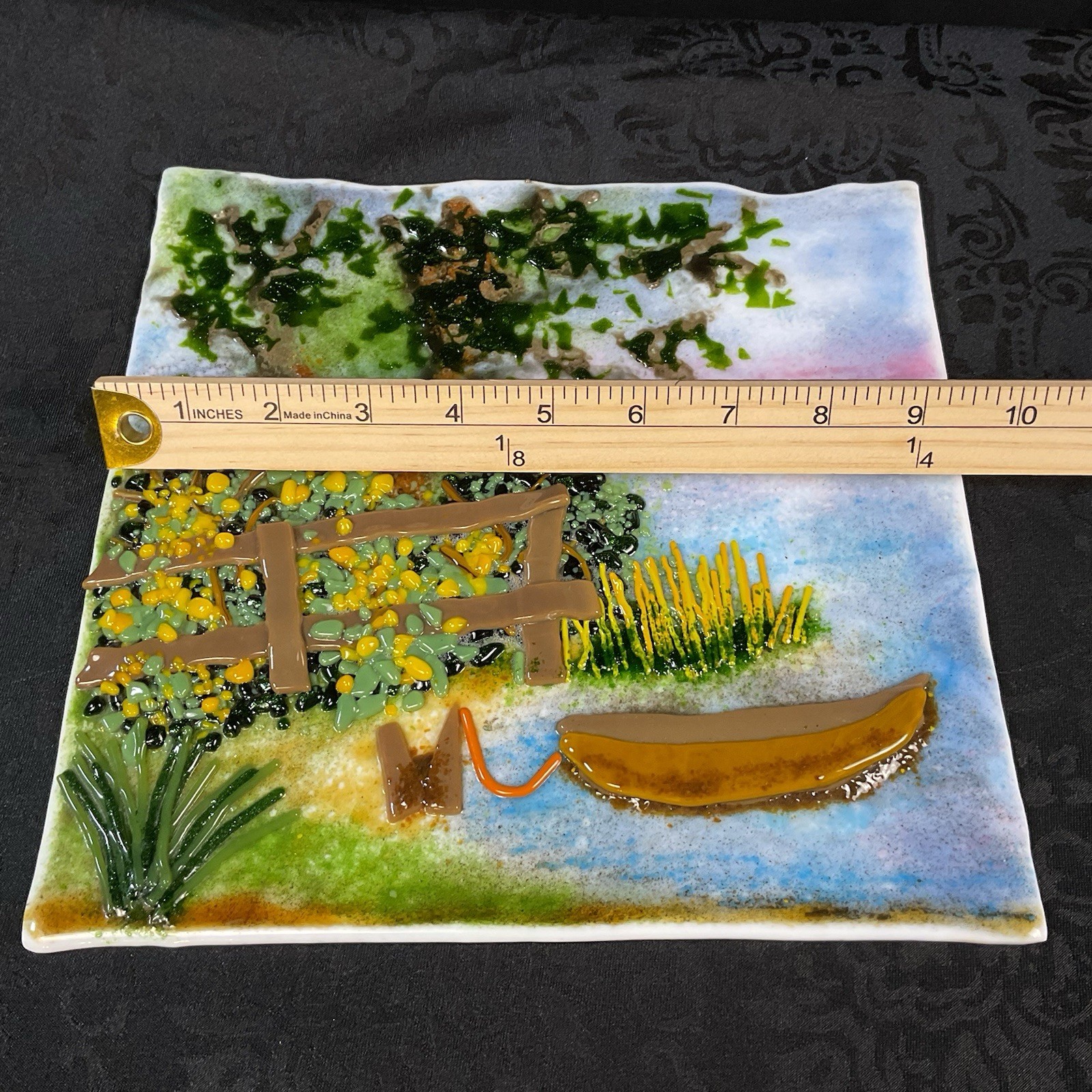 Fused Glass Tile Wall Decor Lake Scene Boat Outdoor Handmade Raw Edge