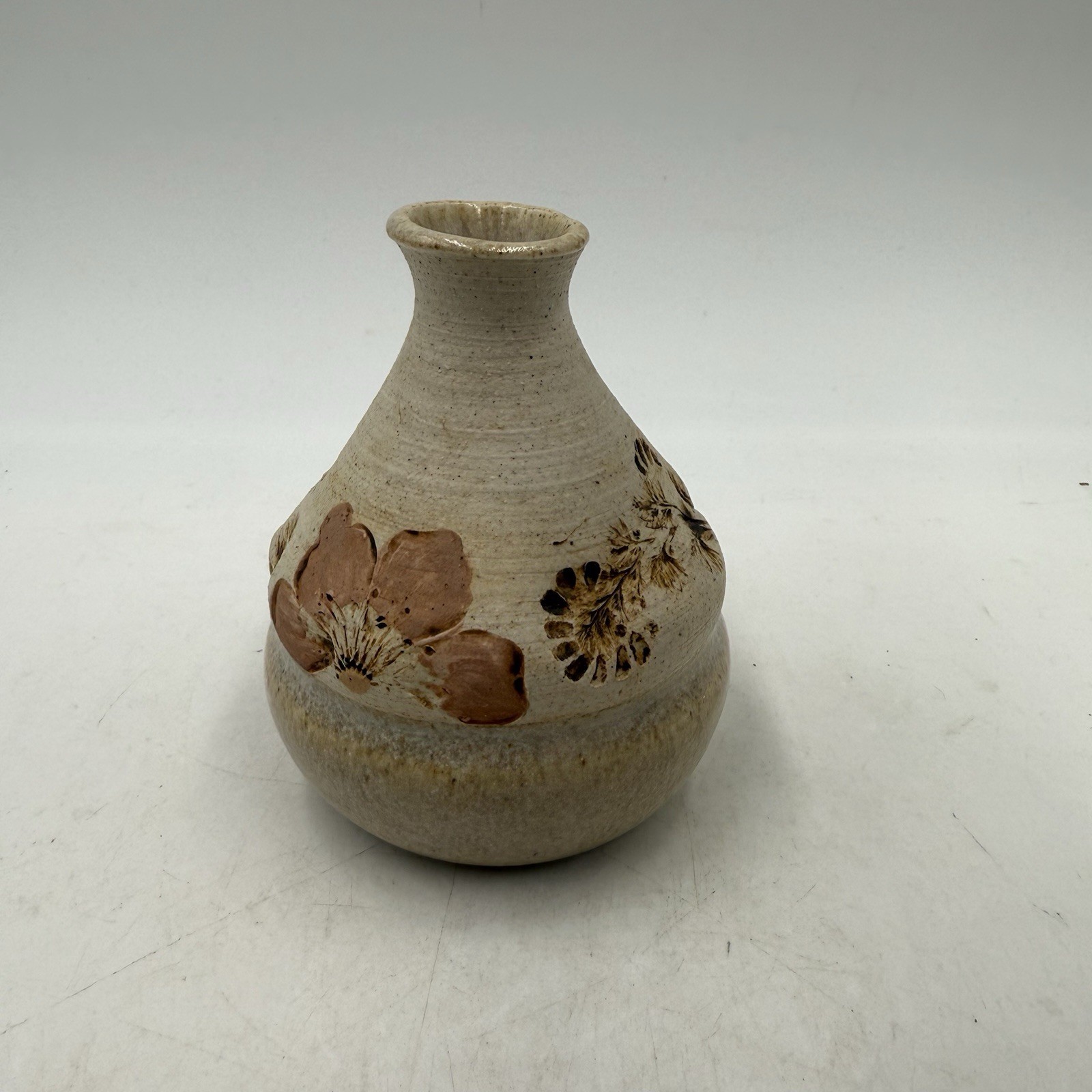 Studio Art Pottery Stoneware Bud Vase, Leaf Impressions, Artist Signed 4” Tall