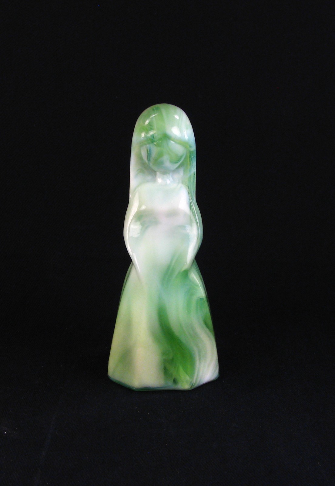 Vi Hunter by Mosser Glass Kashmir Green Slag 4″ Jenny Doll – 1979