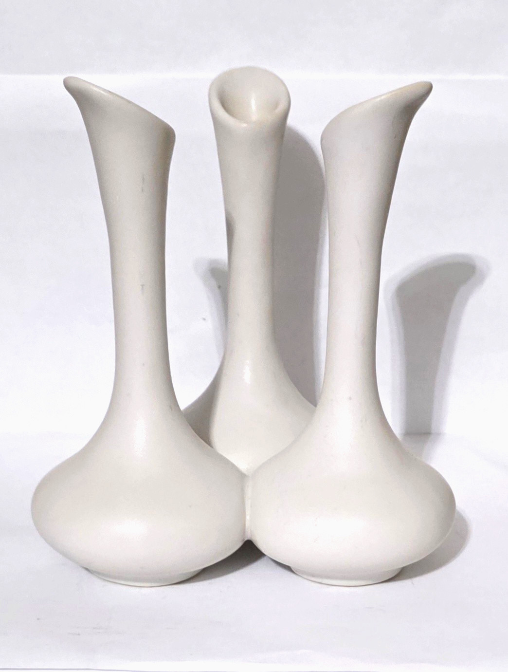 Van Briggle Triple Tri-Top Bud Vase White 6.5″ Tall 1980s Colorado Pottery