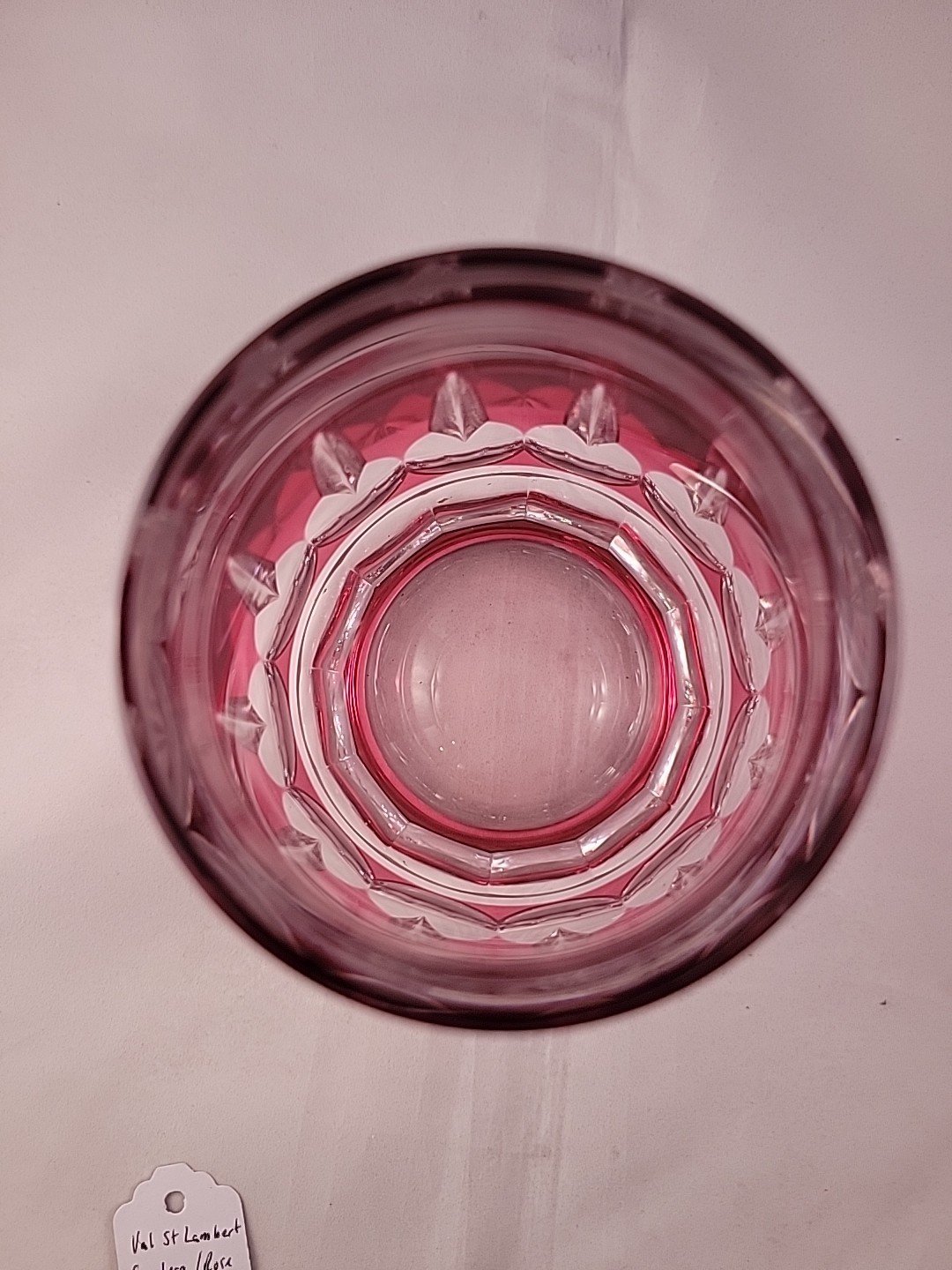 VAL ST LAMBERT RUBY RED Rose CUT TO CLEAR VASE DIAMOND POINT SIGNED 6×4″ Vtg