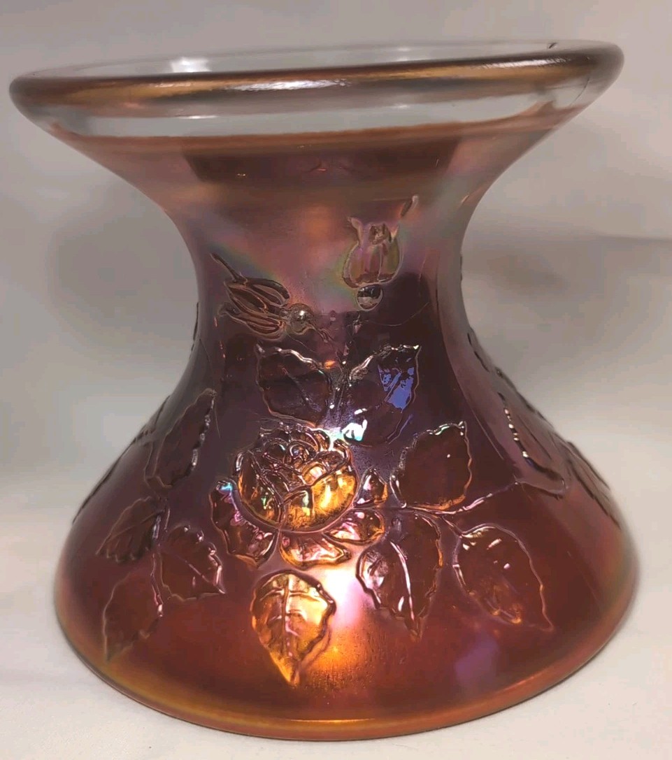 VTG Carnival Glass Marigold Punch Bowl Stand Candle Holder Compote Roses 5″ High