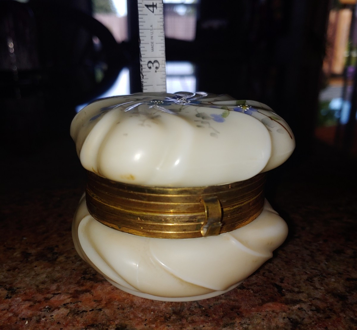 Wavecrest Style Victorian Milk Glass Forget Me Nots Hinged Glass Trinket Box