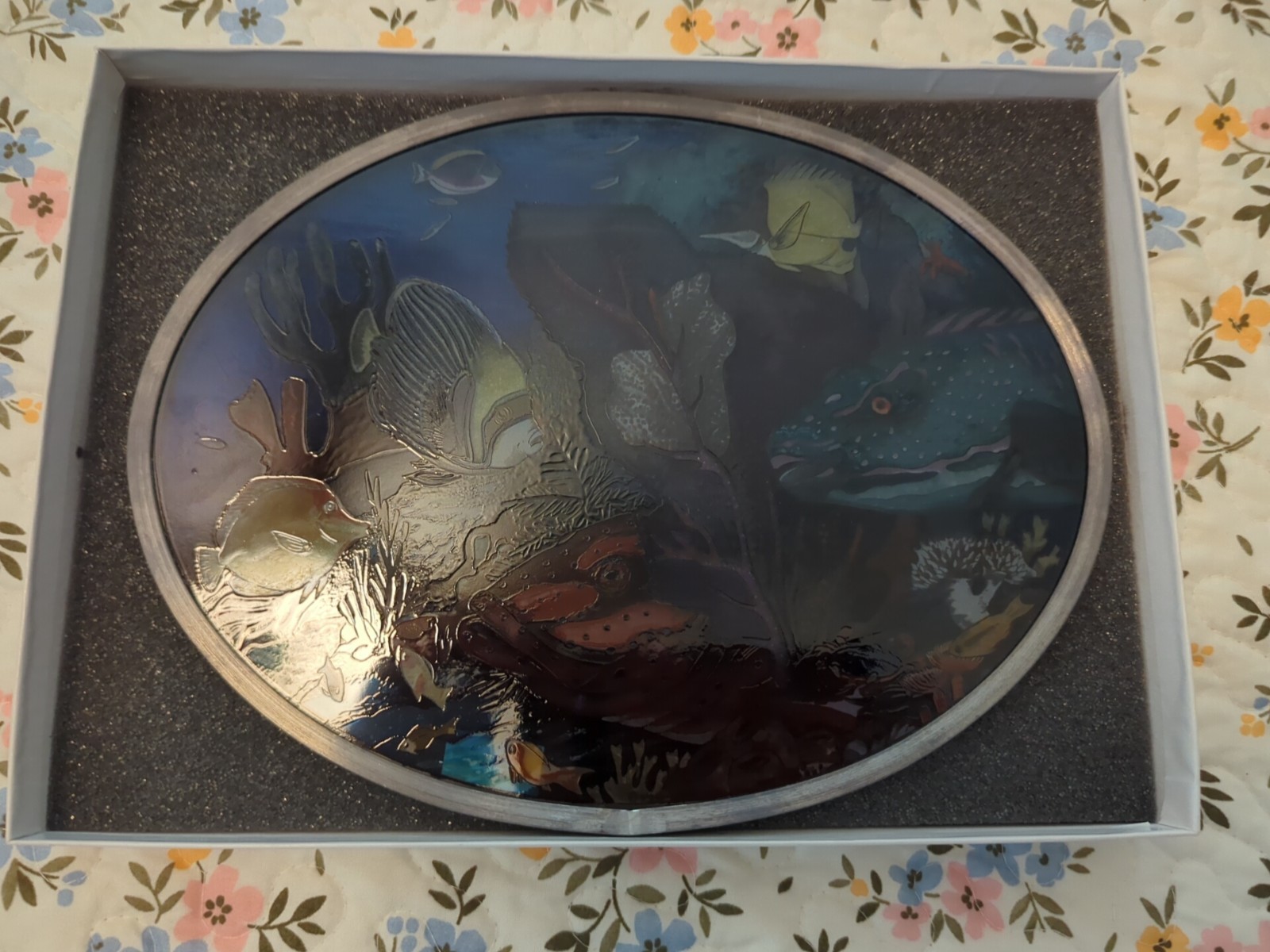 Glass Seascape Suncatcher Oval W/new Chain. Tropical Fish By Carol Hicks