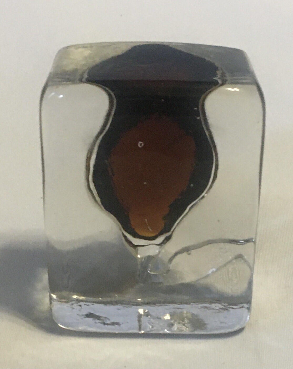 VTG Clear W/Amber Flower In Relief Glass Paperweight – 3.25” X 2.25” X 2” Thick