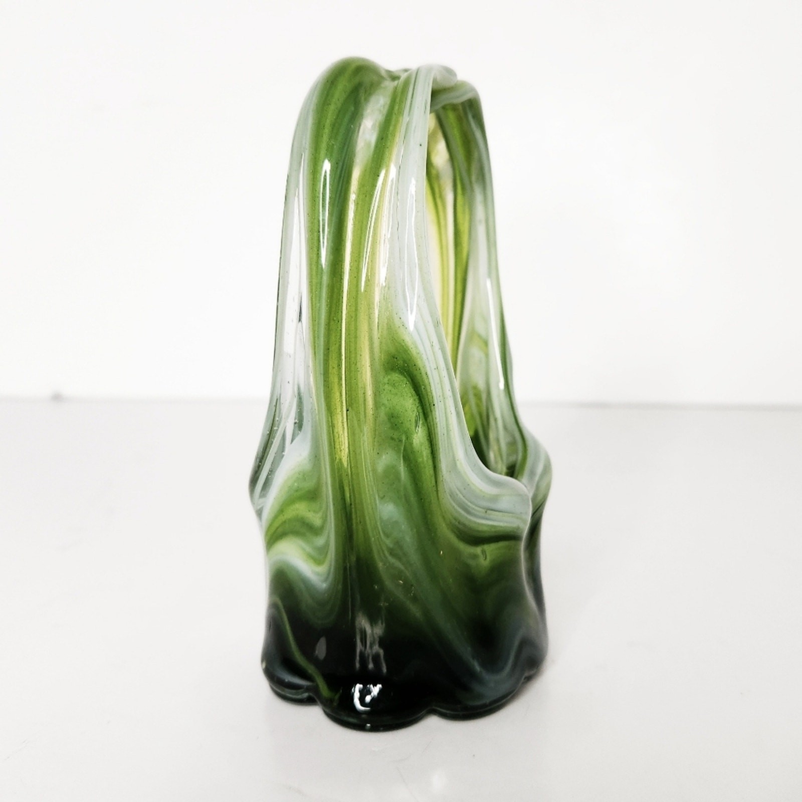 Vintage Hand Blown Stretch Art Glass Basket Vase Green White Swirls 5 1/2 Inches