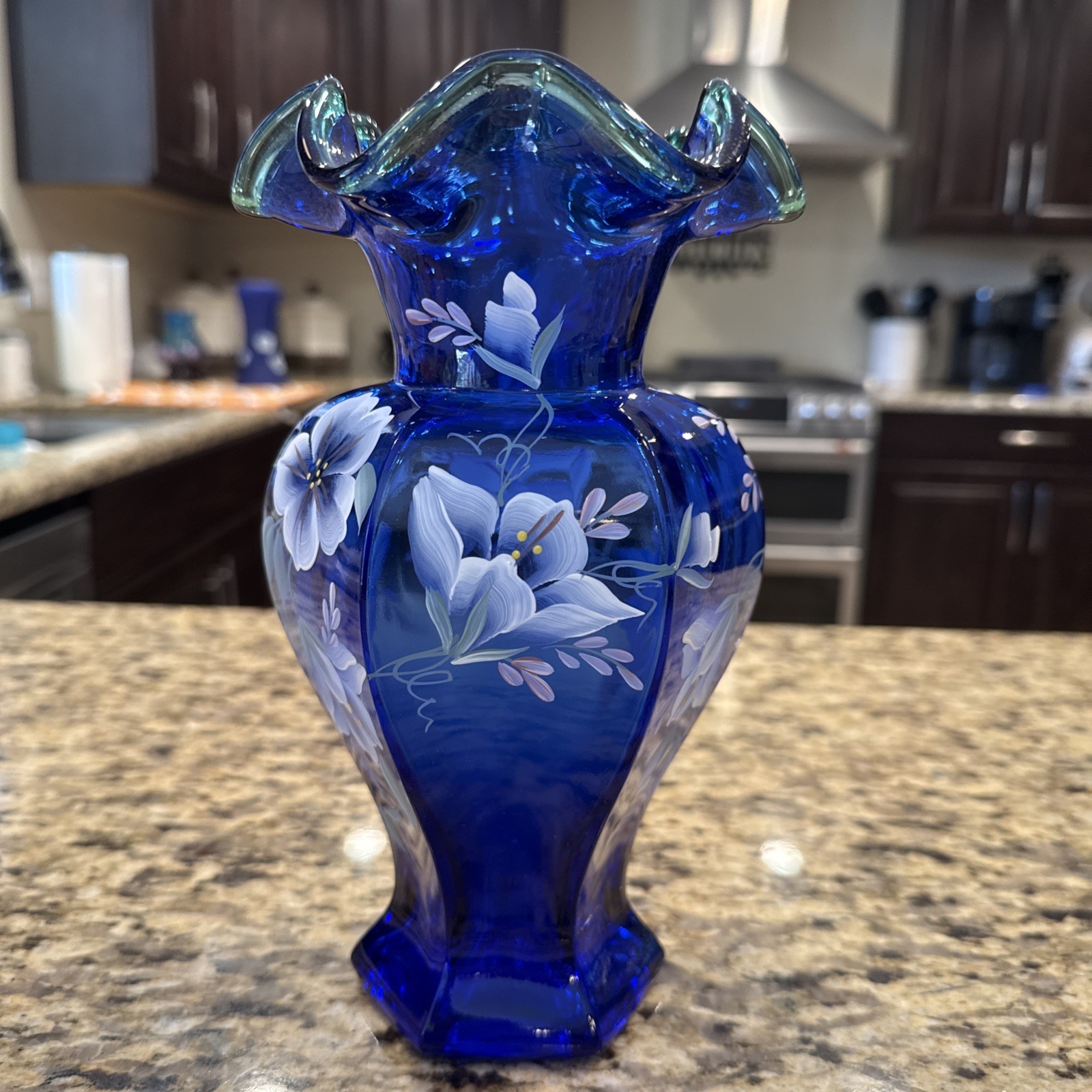 Fenton Hand painted 75th Celebration Vase 1998 Cobalt Blue Green trim Signed