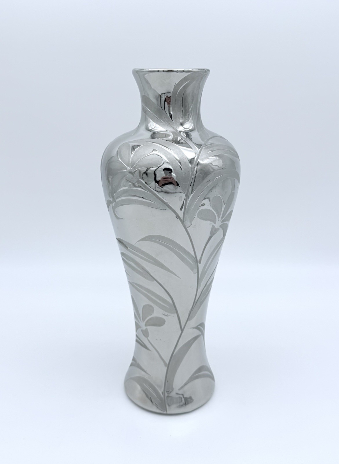 Art Nouveau Silver / Pewter Overlay Glass Vase 11.75″ Tall Floral Motif Unmarked