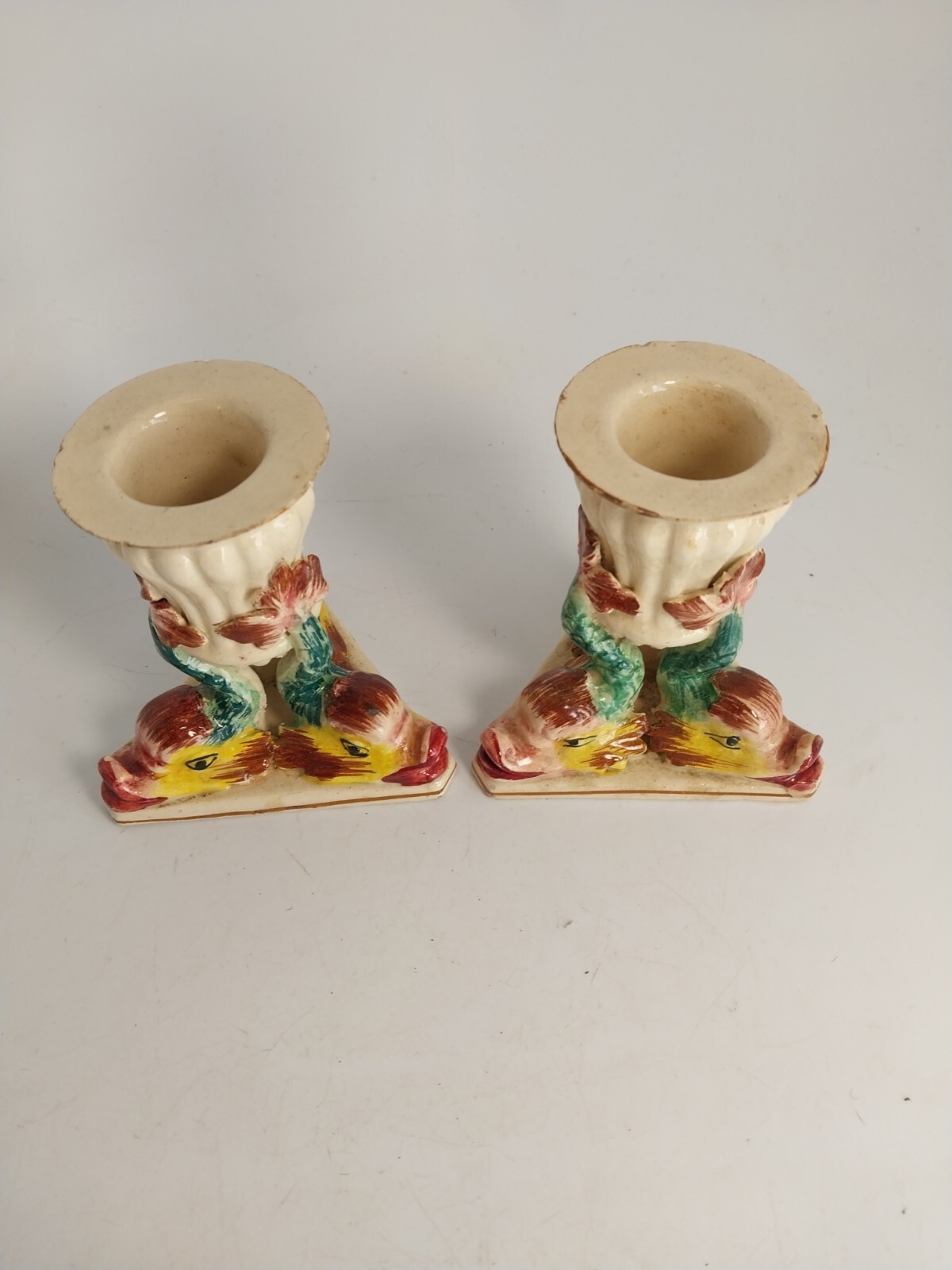 Antq Agostinelli Dal Pra Majolica Figural 3D Fish Dolphin Candlestick Pair Italy