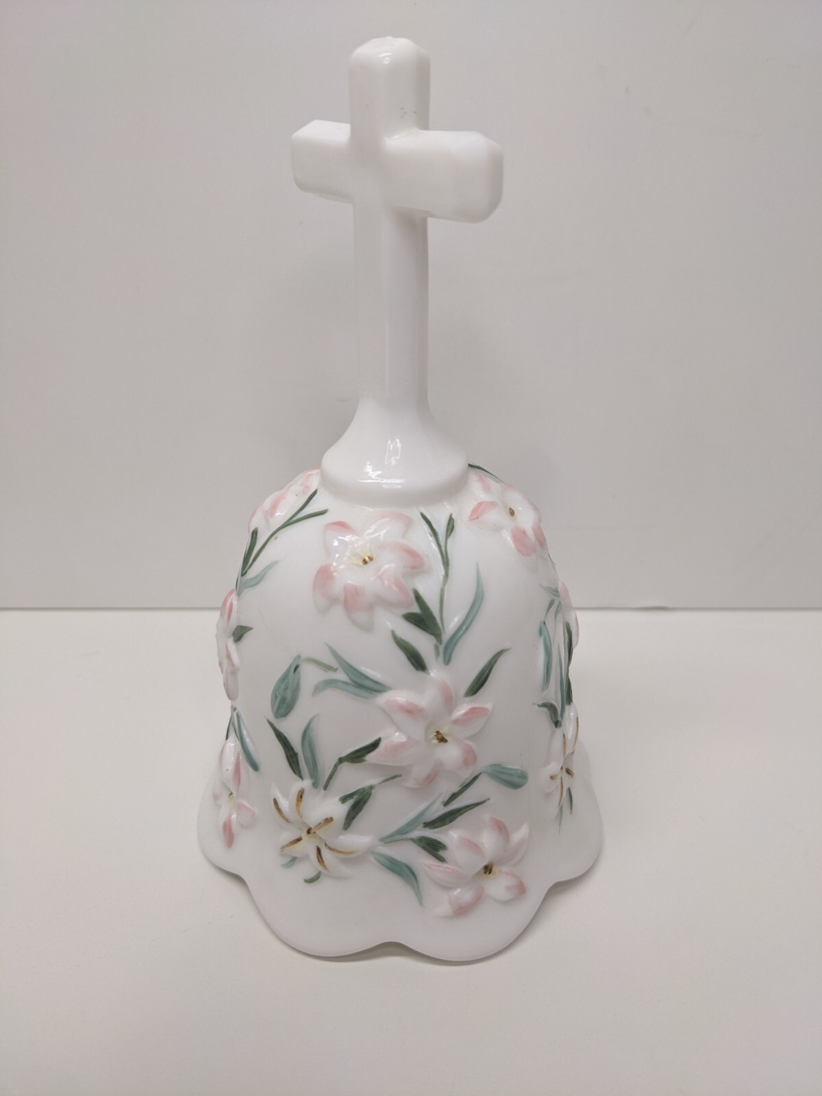 Vintage Fenton Milk Glass White Bell Hand Painted Easter Lilies Cross Signed