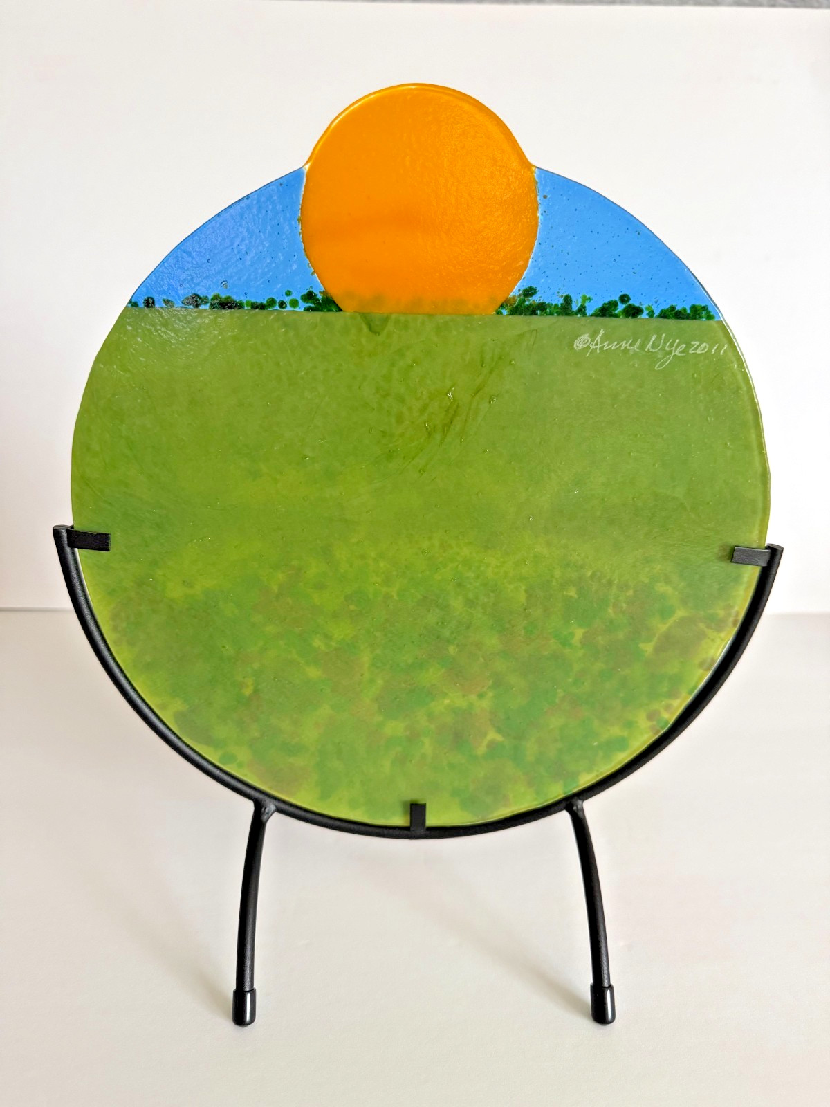 Stunning Anne Nye Fused Art Glass “Poppy Fields” on Metal Stand – 2011 Signed