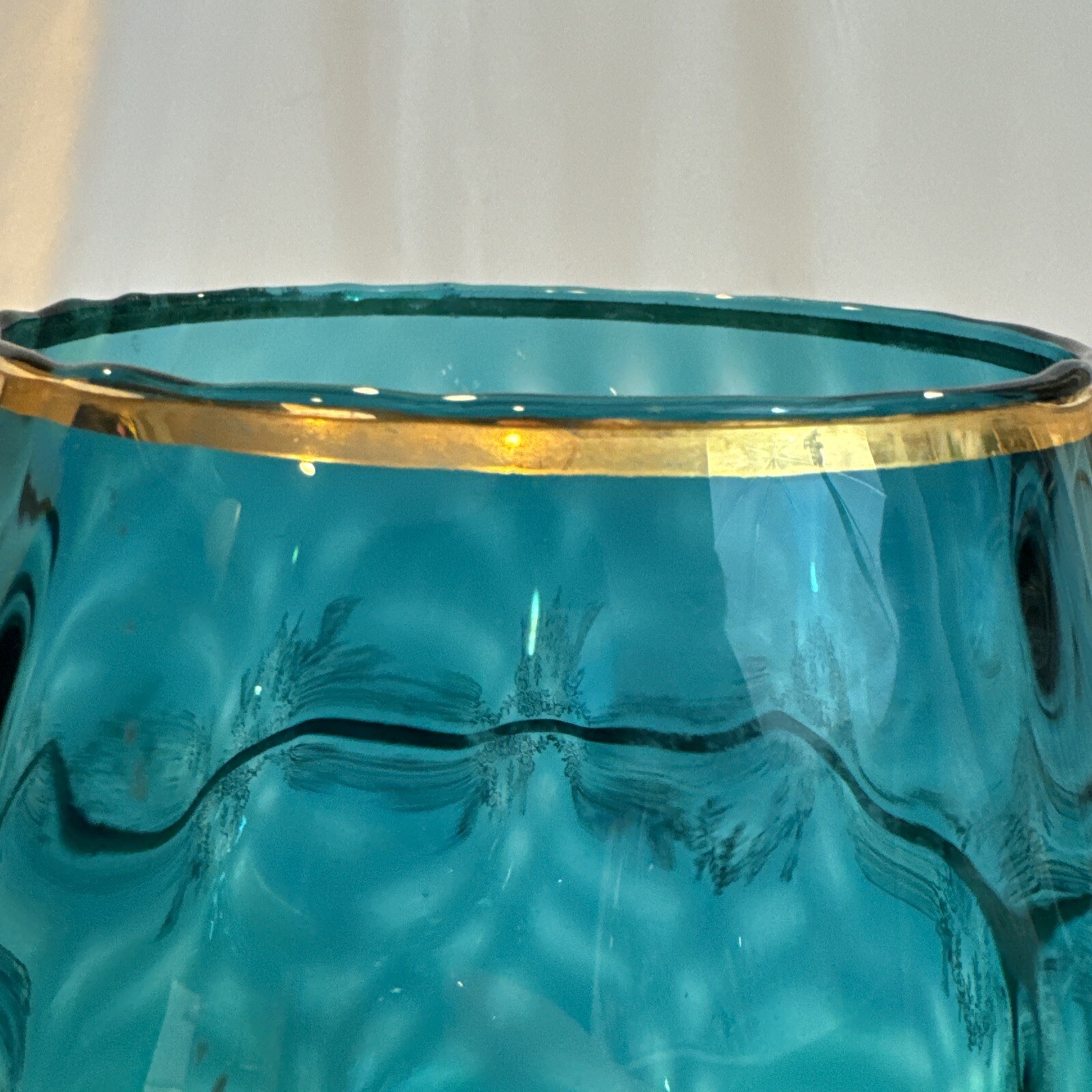 Giant Vintage Italian Turquoise Aqua Blue and Gold Crystal Bowl 14”