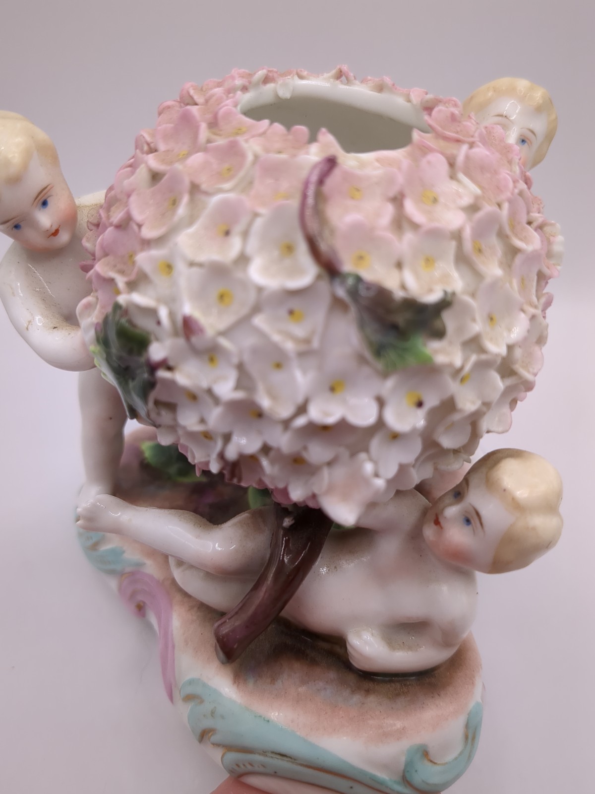Antique German Porcelain Schneeballen Snowball Cherub Angel Vase W Damage READ