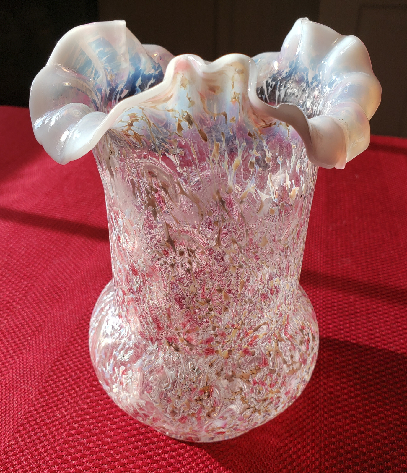 RARE! 1901 DUGAN *Inverted Thumbprint* OPALESCENT *Coraline Spatter* CELERY VASE