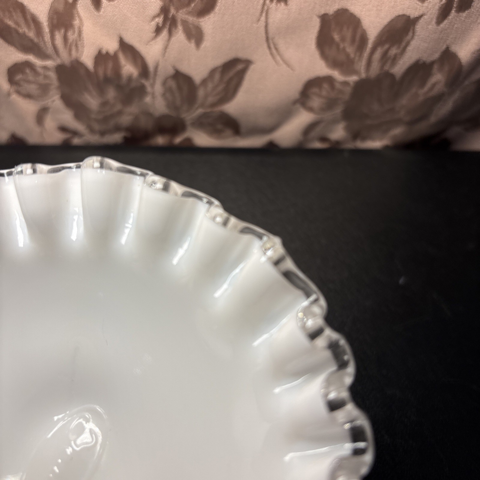 Vintage Fenton White Milk Glass Spanish Lace and Ruffle Edge Candle Holder 3″