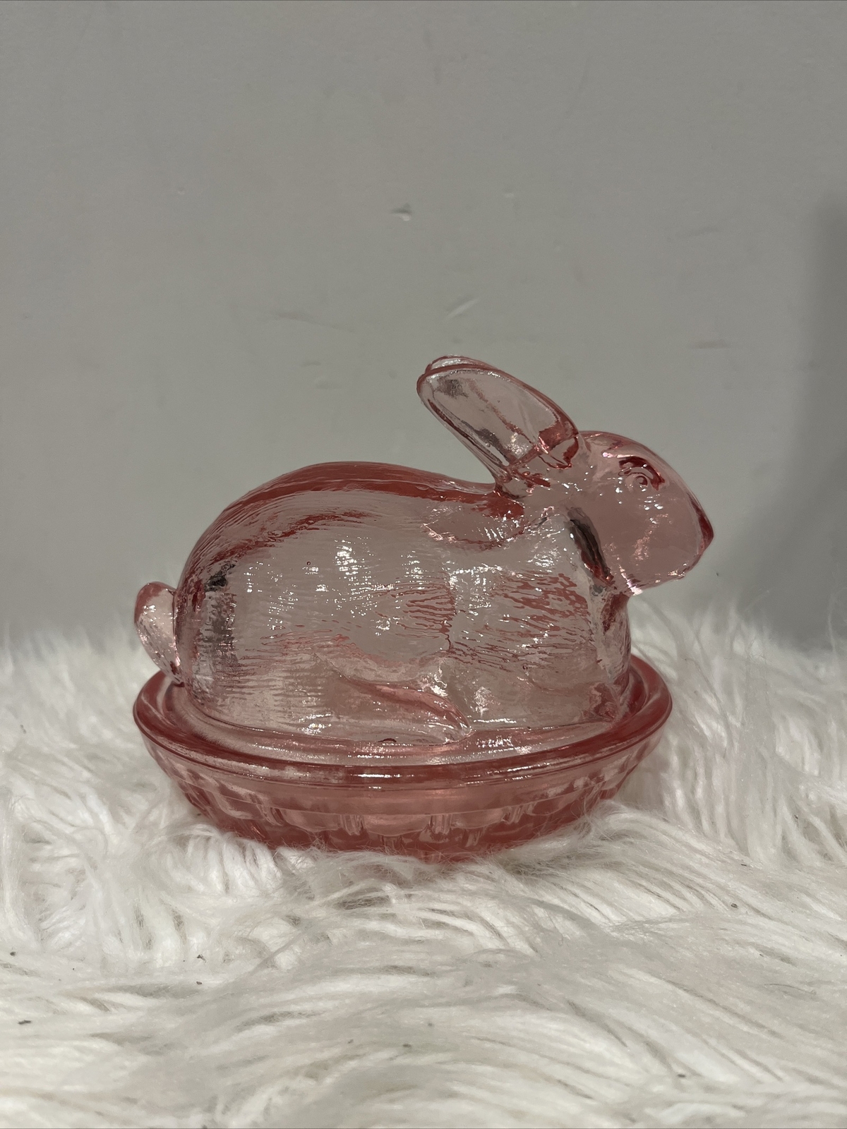 (2) Vintage Small Bunny Rabbits on Baskets – 1 Pink Glass & 1 Clear Glass 4.5”