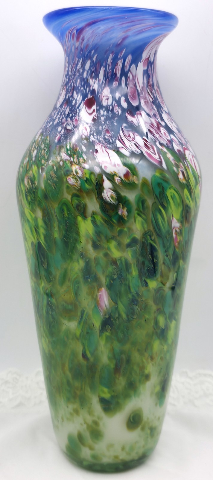 Tall Hand-Blown Vase Art Glass Speckles of Color Green Red White Blue ~ Video