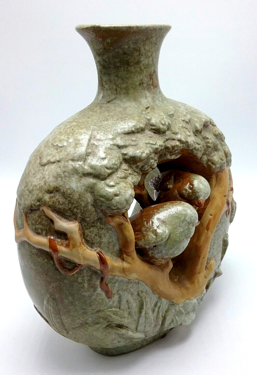 VTG Art Pottery Bird Vase with Tealight Candle Holder 3D Birds In Tree Green 9″H