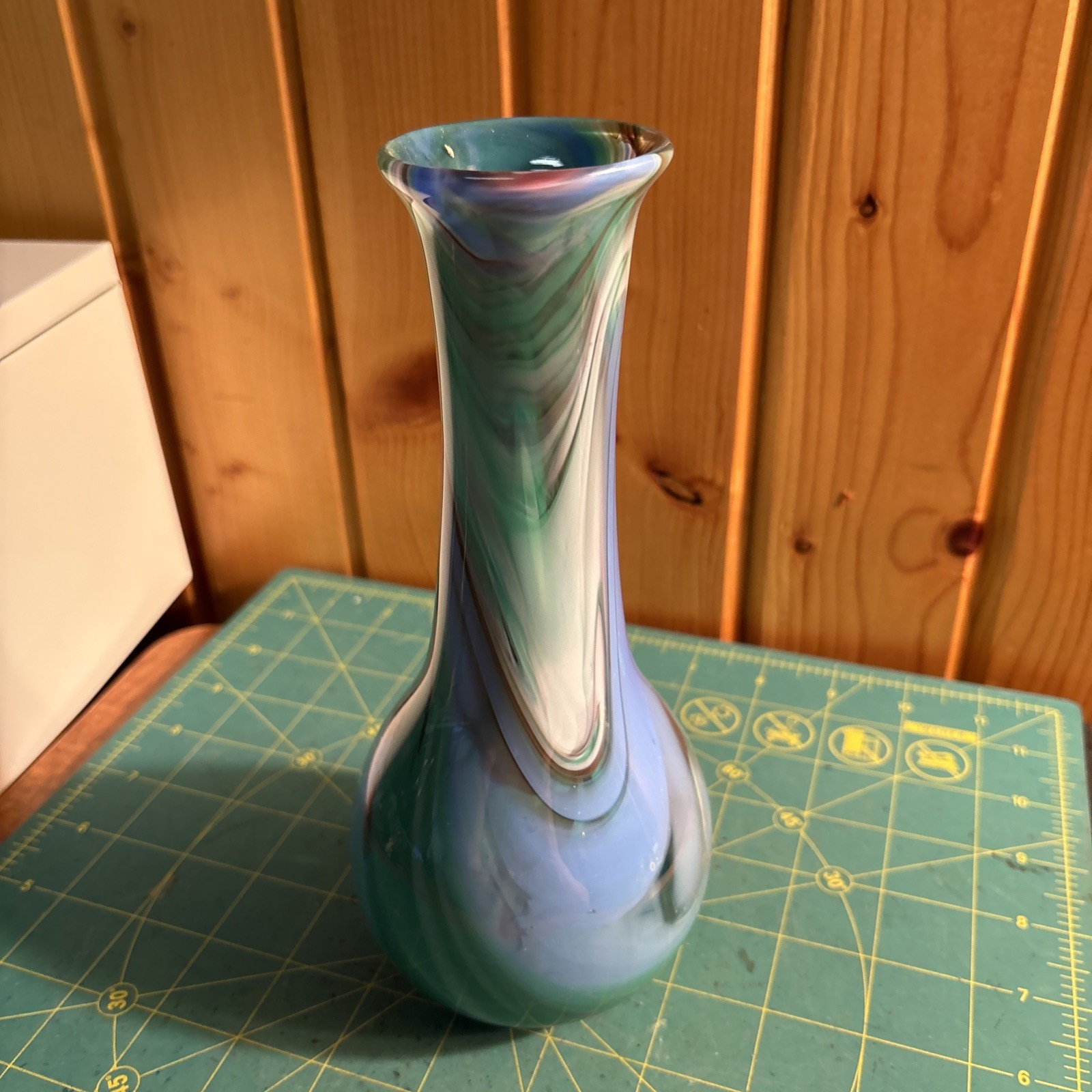 Heavy Hand Blown Glass Murano Style Blue, Green, Red, White Swirl 8”