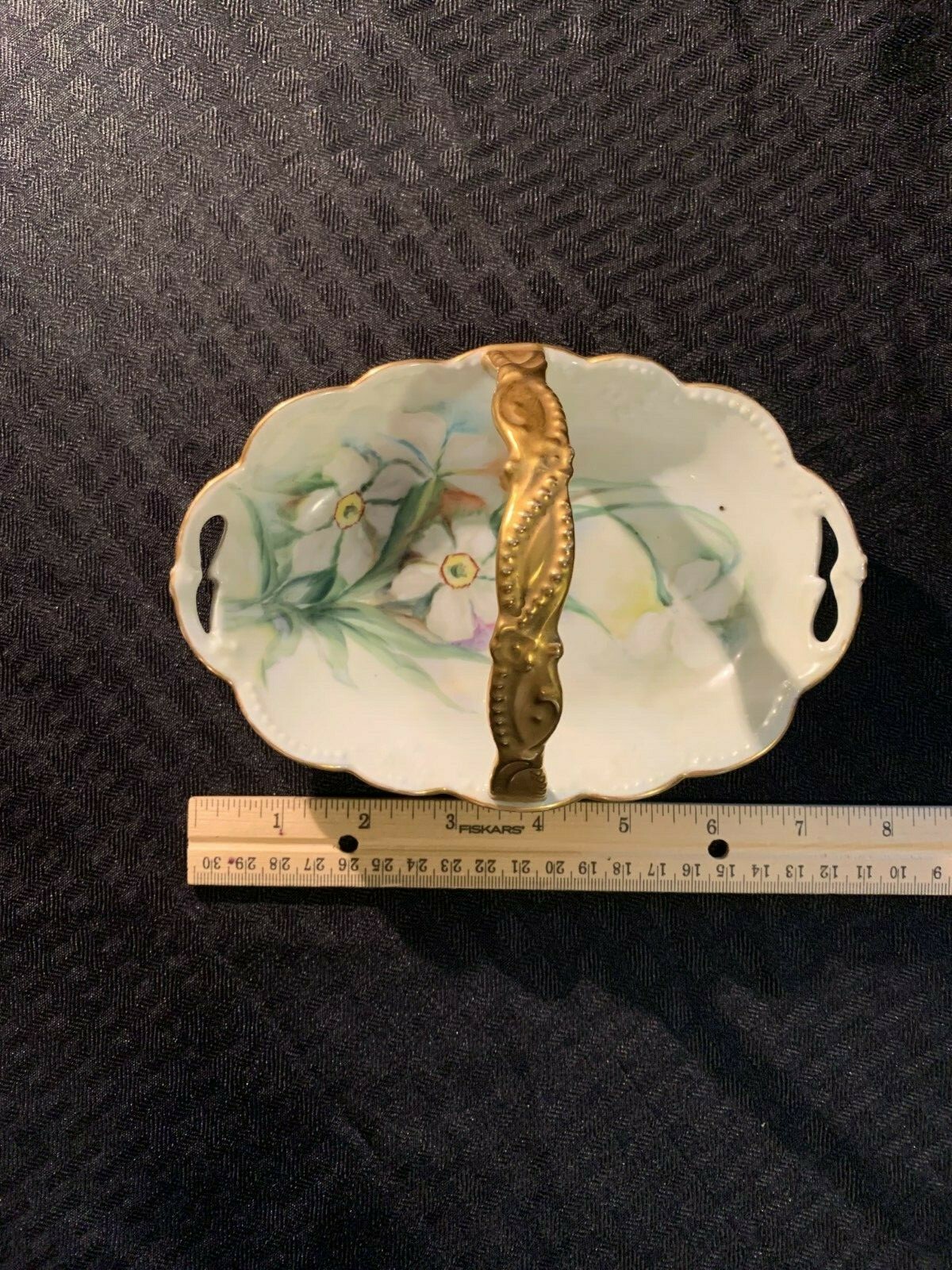 Antique AKD France Limoges Gold Handled Basket Dish Hand Painted Floral EUC