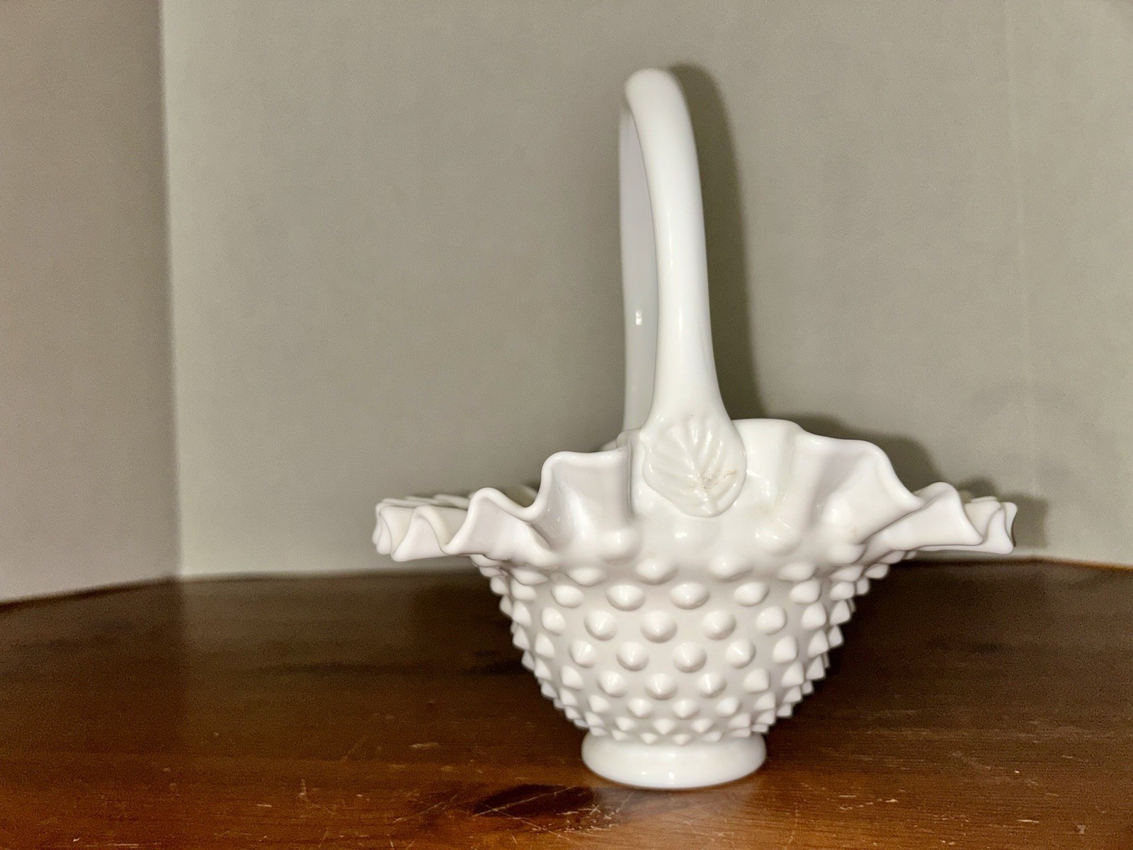 White Milk Glass Hobnail Pattern Ruffled Rim Basket 9”