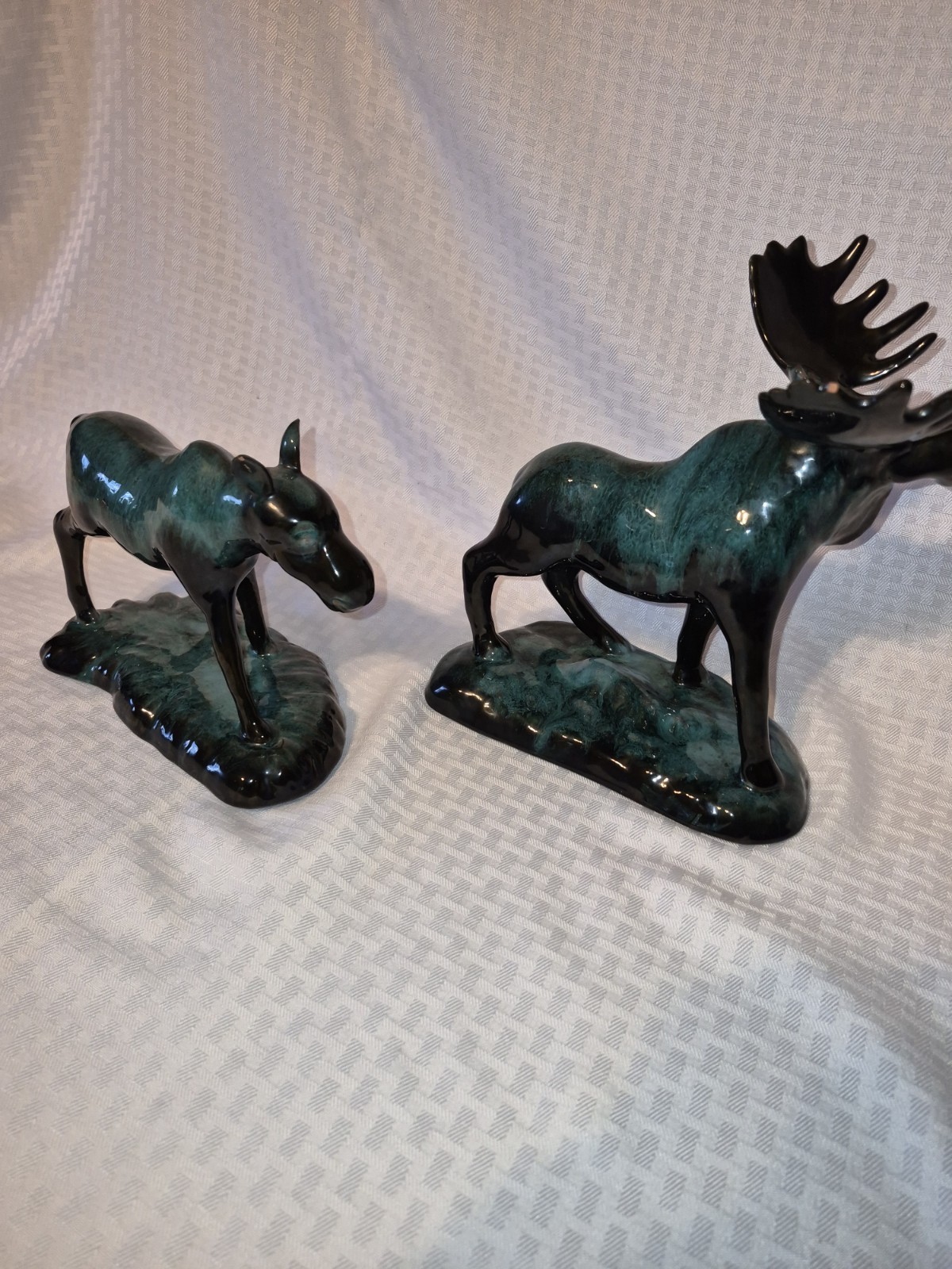 BMP Signed Pair Glossy Ceramic Moose Figurines Green/Black Canada