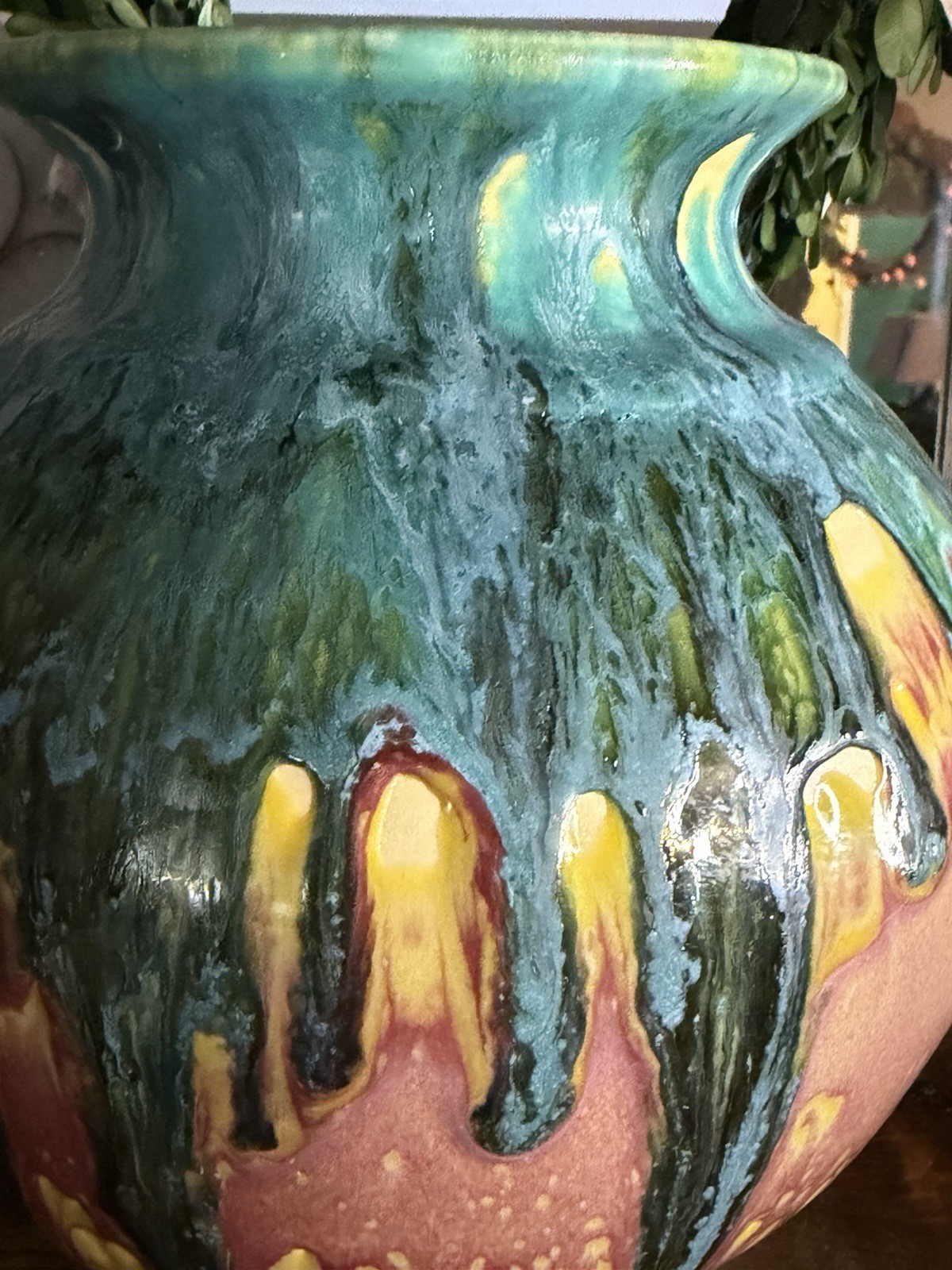 Handcrafted Artist Signed Multi-Color Blended Onyx Drip Glaze Pottery Vase 8.75″