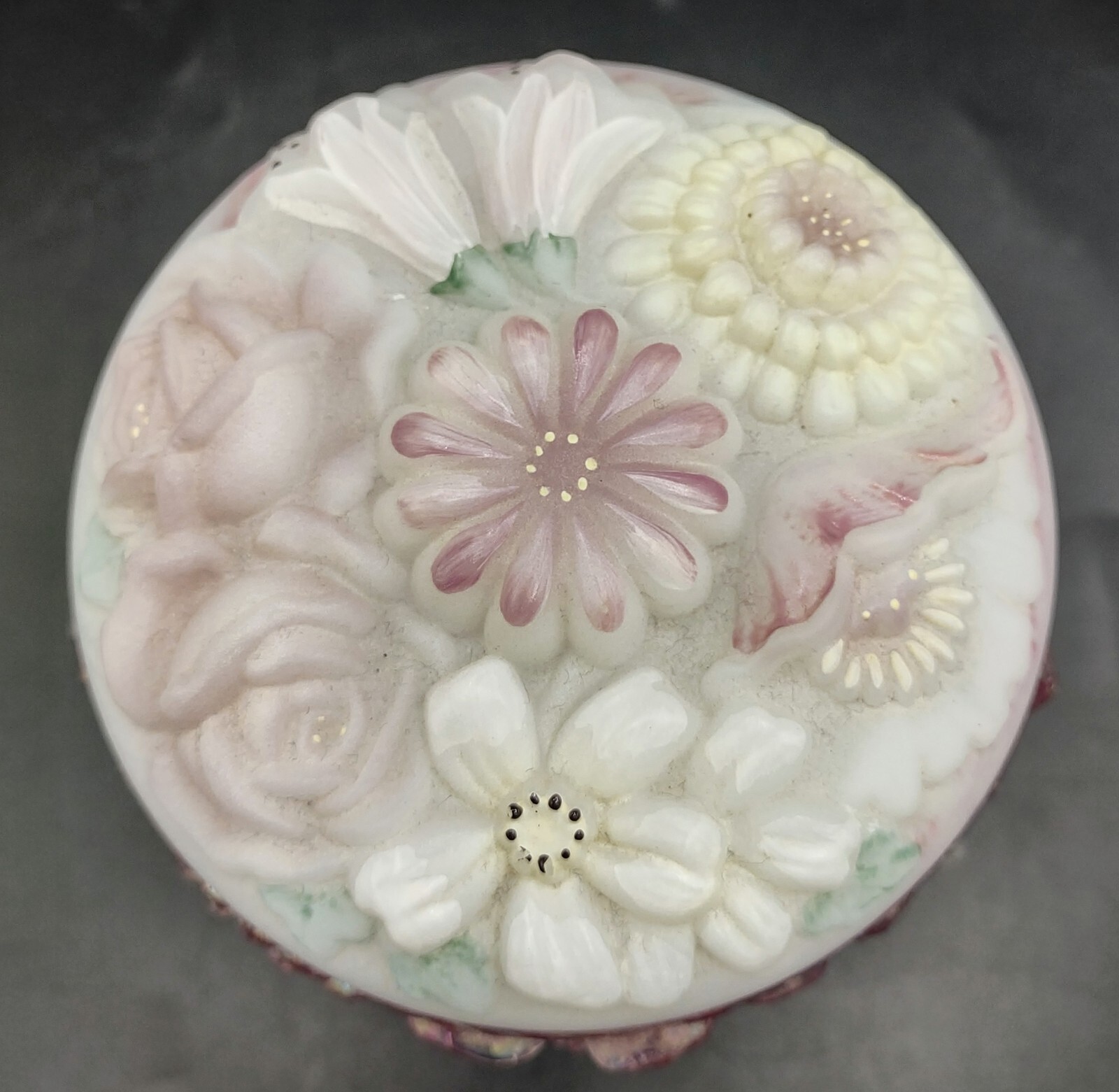 Fenton Art Nouveau Satin Glass Lid Handpaint Signed Dresser Vanity Jar/Box 4″