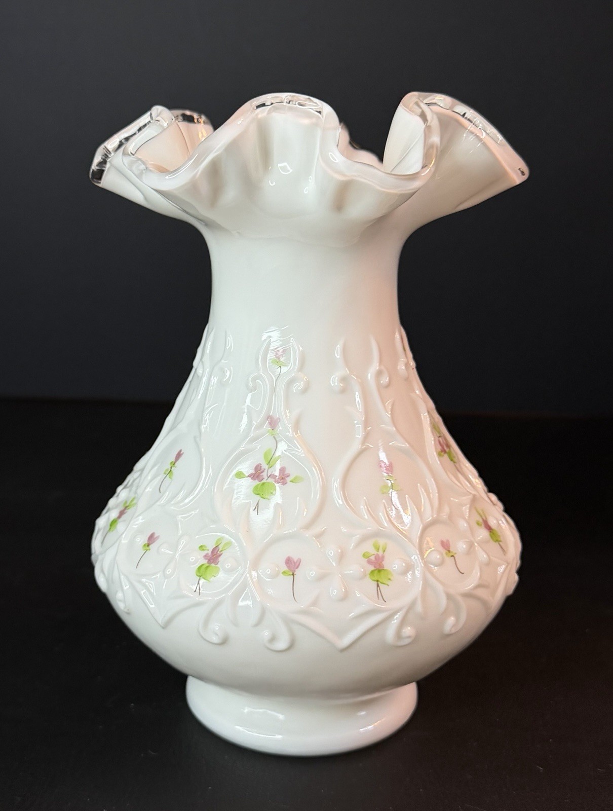 Fenton Silver Crest Ruffled Vase Spanish Lace Violets in the Snow Vase